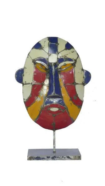 Product image 1 of the product “Small Mask on stand - Modell 1, 56cm height, sculpture from upcyceled oil barrel. ”